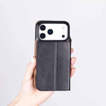 Apple iPhone 17 Pro için, Hakiki Deri, El Yapımı, Cüzdanlı Slim Kılıf, Mag safe ile uyumlu, İç Yüzeyi Kadife, Siyah