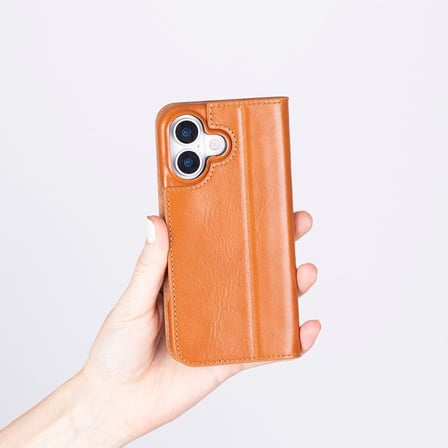 Apple iPhone 17 için, Hakiki Deri, El Yapımı, Cüzdanlı Slim Kılıf, Mag safe ile uyumlu, İç Yüzeyi Kadife, Gölgeli Taba