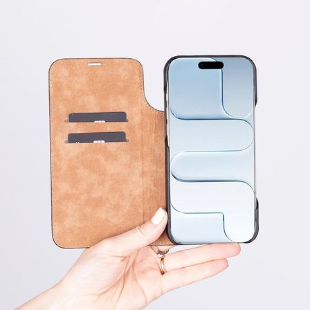 Apple iPhone 17 Air için, Hakiki Deri, El Yapımı, Cüzdanlı Slim Kılıf, Mag safe ile uyumlu, İç Yüzeyi Kadife, Gölgeli Taba