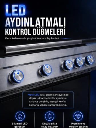 Gazlı Barbekü Mangal 4+1 Brülörlü Döküm Izgaralı 136x54x115 cm 