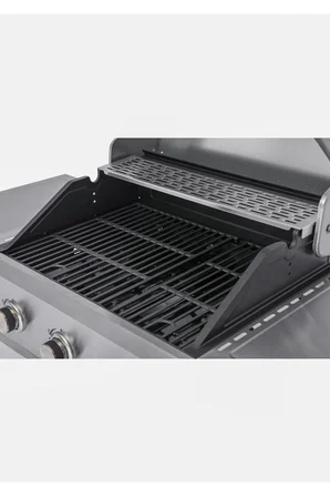 Döküm Izgaralı 3 Brülörlü Gazlı Mangal Barbekü Çelik Gövde Termometreli Kapaklı Yan Sehpalı Mangal
