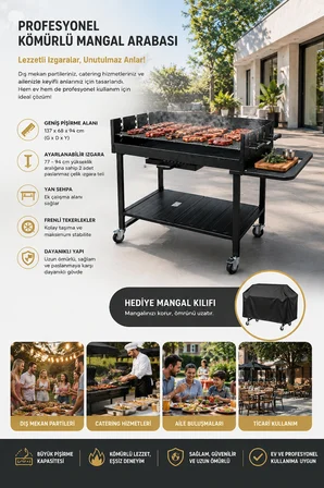 Pro Lüks Dev Kömürlü Mangal Barbekü Arabası Hediye Koruyucu Örtü 137 x 68 x 94 cm,