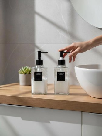 Estetik Cam Sıvı Sabunluk Seti 2 Adet x 350 ml Banyo ve Mutfak İçin Mükemmel Tasarım