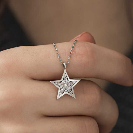 ​​925 Ayar Gümüş Baget Taşlı Yıldız Kadın Gümüş Kolye