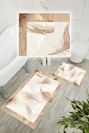 Dijital Baskı Tüy Desen Kaymaz Taban 2li Set Banyo Paspası Klozet Takımı (50x60cm-60x100cm)