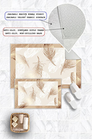 Dijital Baskı Tüy Desen Kaymaz Taban 2li Set Banyo Paspası Klozet Takımı (50x60cm-60x100cm)