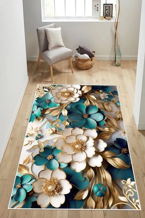 Turkuaz Çiçek Desenli Baskılı Kaymaz Yıkanabilir Salon Oturma Odası Mutfak Balkon Halısı Yolluk