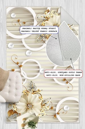 Krem Çiçek Desenli Baskılı Kaymaz Yıkanabilir Salon Oturma Odası Mutfak Halısı Yolluk