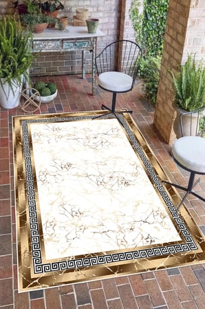 Çerçeveli Mermer Desen Baskılı Kaymaz Yıkanabilir Salon Oturma Odası Mutfak Antre Halısı Yolluk