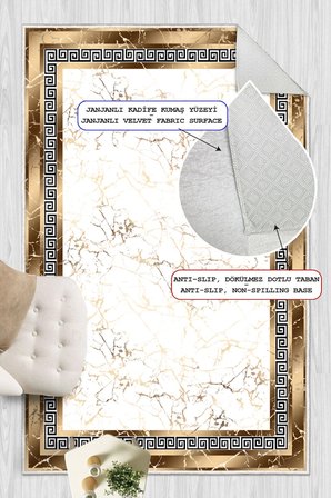 Çerçeveli Mermer Desen Baskılı Kaymaz Yıkanabilir Salon Oturma Odası Mutfak Antre Halısı Yolluk