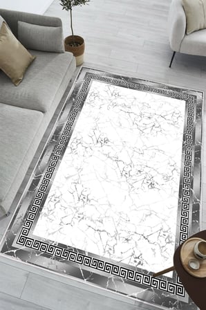 Çerçeveli Mermer Desen Baskılı Kaymaz Yıkanabilir Salon Oturma Odası Mutfak Antre Halısı Yolluk