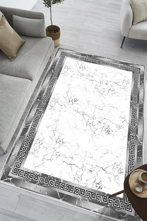 Çerçeveli Mermer Desen Baskılı Kaymaz Yıkanabilir Salon Oturma Odası Mutfak Antre Halısı Yolluk