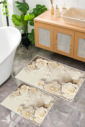 Dijital Baskı Krem Gül Desen Kaymaz Taban 2li Set Banyo Paspası Klozet Takımı (50x60cm-60x100cm)