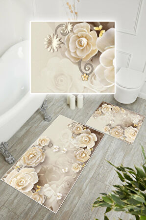 Dijital Baskı Krem Gül Desen Kaymaz Taban 2li Set Banyo Paspası Klozet Takımı (50x60cm-60x100cm)