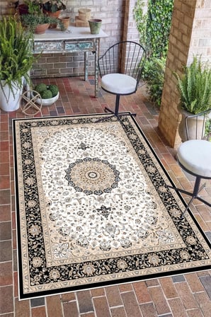 Klasik Desenli Siyah Dijital Baskılı Kaymaz Yıkanabilir Salon Oturma Odası Halısı Yolluk