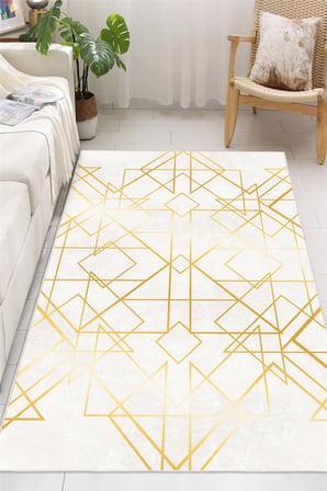 Art Deco Geometrik Çizgili Gold Krem Dijital Baskılı Yıkanabilir Kaymaz Taban Salon Halısı Yolluk