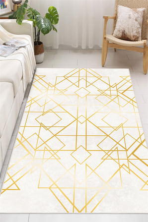 Art Deco Geometrik Çizgili Gold Krem Dijital Baskılı Yıkanabilir Kaymaz Taban Salon Halısı Yolluk