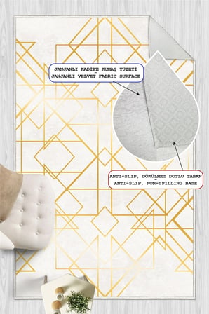 Art Deco Geometrik Çizgili Gold Krem Dijital Baskılı Yıkanabilir Kaymaz Taban Salon Halısı Yolluk