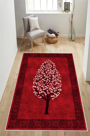 Sakura Desenli Kırmızı Baskılı Kaymaz Yıkanabilir Salon Oturma Odası Mutfak Balkon Halısı Yolluk