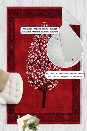Sakura Desenli Kırmızı Baskılı Kaymaz Yıkanabilir Salon Oturma Odası Mutfak Balkon Halısı Yolluk