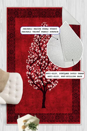 Sakura Desenli Kırmızı Baskılı Kaymaz Yıkanabilir Salon Oturma Odası Mutfak Balkon Halısı Yolluk