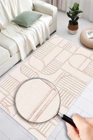 Modern Desenli Bej Dijital Baskılı Kaymaz Yıkanabilir Salon Oturma Odası Antre Mutfak Halısı Yolluk