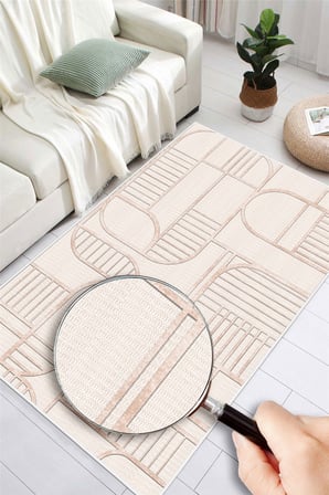 Modern Desenli Bej Dijital Baskılı Kaymaz Yıkanabilir Salon Oturma Odası Antre Mutfak Halısı Yolluk