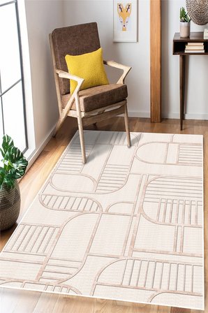 Modern Desenli Bej Dijital Baskılı Kaymaz Yıkanabilir Salon Oturma Odası Antre Mutfak Halısı Yolluk