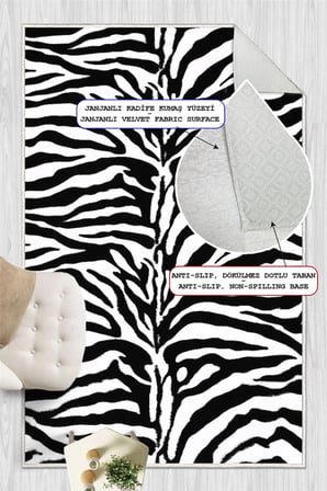 Zebra Desenli Dijital Baskılı Kaymaz Yıkanabilir Salon Oturma Odası Antre Mutfak Halısı Yolluk