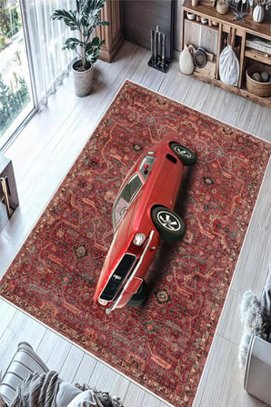 Vintage Desenli Araba Motifli Baskılı Kaymaz Yıkanabilir Salon Oturma Odası Antre Halısı Yolluk