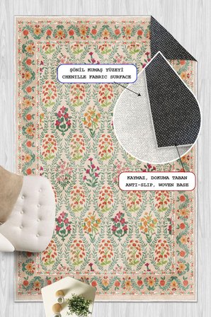Vintage Floral Desen Baskılı Yıkanabilir Kaymaz Şönil Halı Salon Oturma Odası Mutfak Halısı Yolluk