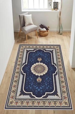 Klasik Desenli Göbekli Baskılı Kaymaz Yıkanabilir Salon Oturma Odası Halısı Yolluk