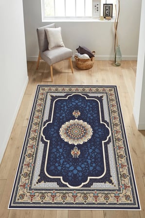Klasik Desenli Göbekli Baskılı Kaymaz Yıkanabilir Salon Oturma Odası Halısı Yolluk