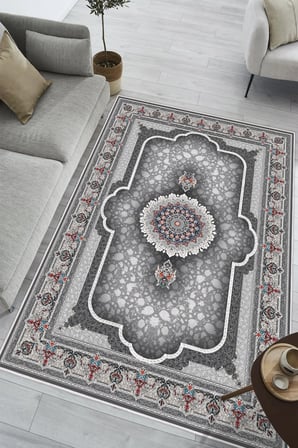 Klasik Desenli Göbekli Baskılı Kaymaz Yıkanabilir Salon Oturma Odası Halısı Yolluk