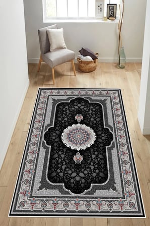 Klasik Desenli Göbekli Baskılı Kaymaz Yıkanabilir Salon Oturma Odası Halısı Yolluk