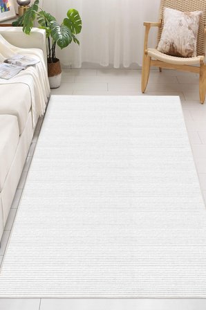 Modern Minimalist Yatay Çizgili Beyaz Dijital Baskılı Yıkanabilir Kaymaz Taban Salon Halısı Yolluk