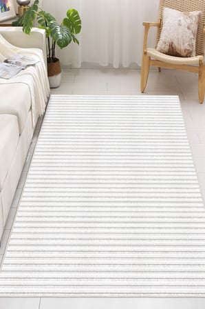 Minimalist İnce Yatay Çizgili Gri Dijital Baskılı Yıkanabilir Kaymaz Taban Salon Halısı Yolluk