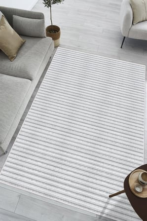 Minimalist İnce Yatay Çizgili Gri Dijital Baskılı Yıkanabilir Kaymaz Taban Salon Halısı Yolluk