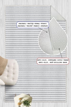 Minimalist İnce Yatay Çizgili Gri Dijital Baskılı Yıkanabilir Kaymaz Taban Salon Halısı Yolluk