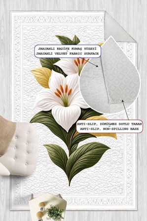 Zambak Desenli Baskılı Kaymaz Yıkanabilir Salon Oturma Odası Mutfak Antre Halısı Yolluk