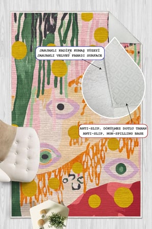 Modern Soyut Sanat Göz Figürlü Dijital Baskılı Yıkanabilir Kaymaz Taban Salon Halısı Yolluk