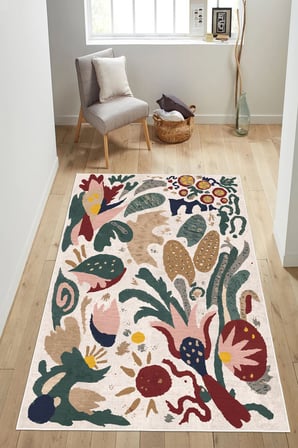 Modern Çiçekli Soyut Sanat Tasarımlı Dijital Baskılı Yıkanabilir Kaymaz Taban Salon Halısı Yolluk