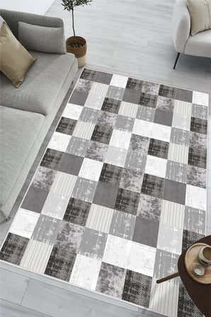 Modern Gri Desen Baskılı Kaymaz Yıkanabilir Salon Oturma Odası Mutfak Antre Halısı Yolluk