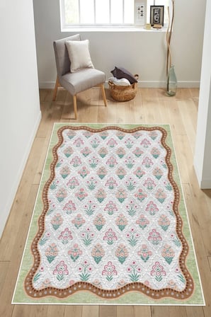 Floral Desen Çerçeveli Baskılı Kaymaz Yıkanabilir Salon Oturma Odası Mutfak Antre Halısı Yolluk