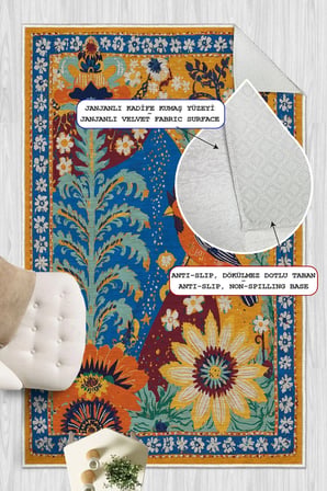 Retro Stil Tropikal Desenli Dijital Baskılı Yıkanabilir Kaymaz Taban Salon Halısı Yolluk