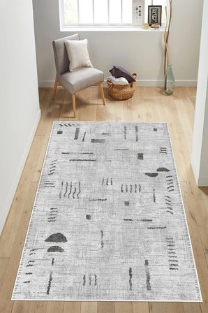 Modern Etnik Modern Çizgi Desenli Krem Dijital Baskılı Yıkanabilir Kaymaz Taban Salon Halısı Yolluk