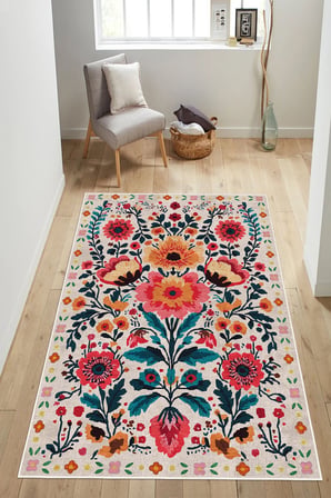 Klasik Çiçek Desenli Vintage Renkli Dijital Baskılı Yıkanabilir Kaymaz Taban Salon Halısı Yolluk