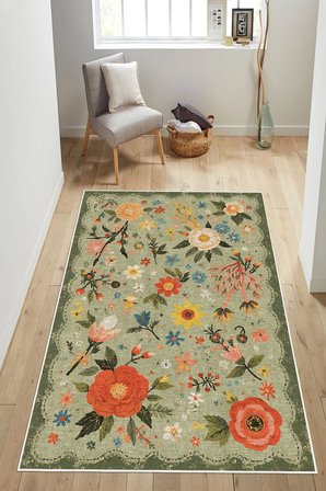 Floral Desen Baskılı Kaymaz Yıkanabilir Salon Oturma Odası Mutfak Antre Halısı Yolluk