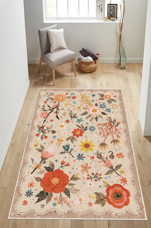 Floral Desen Baskılı Kaymaz Yıkanabilir Salon Oturma Odası Mutfak Antre Halısı Yolluk