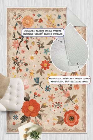Floral Desen Baskılı Kaymaz Yıkanabilir Salon Oturma Odası Mutfak Antre Halısı Yolluk